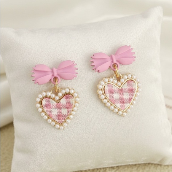 Jewelry - 🎀 Coquette Dream: Pink Gingham & Pearl Heart Bow Earrings-Vintage Inspired 🎀